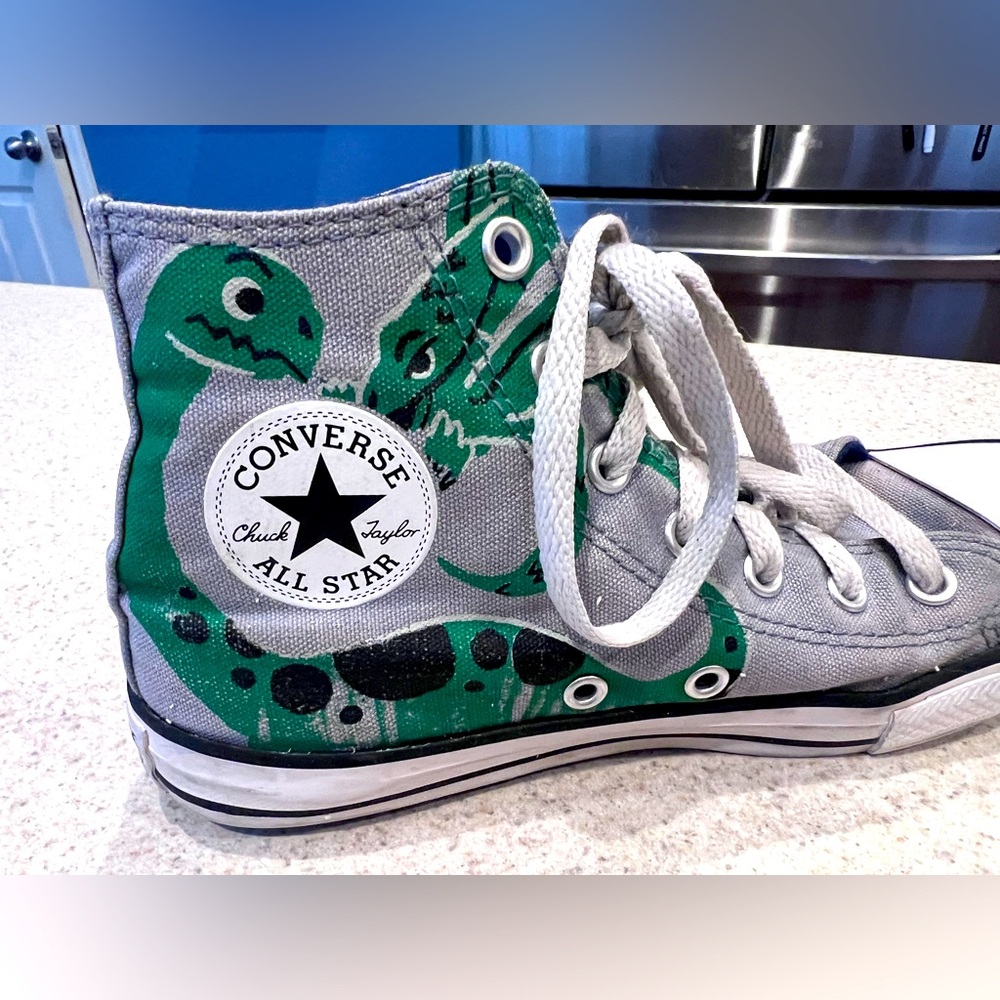 Converse All Star High Top Kids Size 3 Dinosaur Shoes Gray Green Canvas rare - Picture 2 of 14